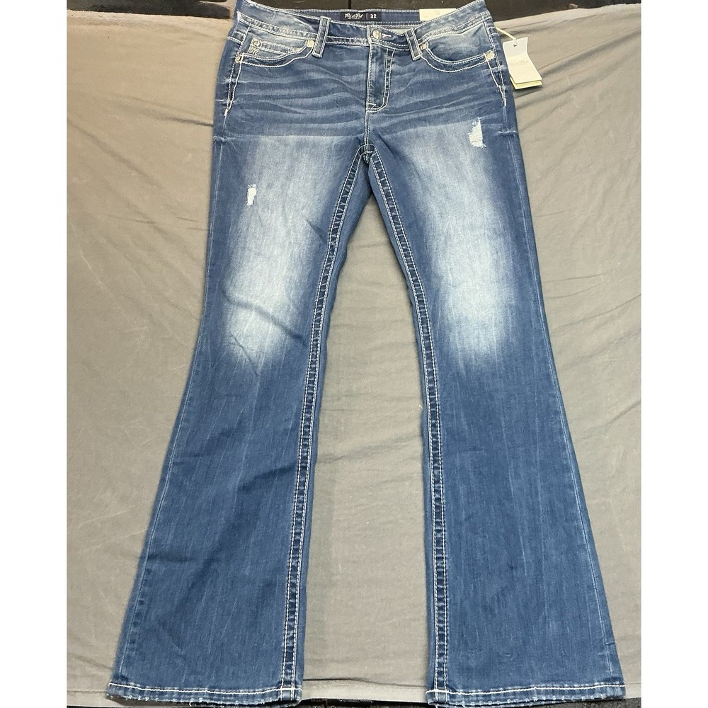 Miss Me Jeans Blue Embroidered Embellished Mid Rise Bootcut Size 32 NWT